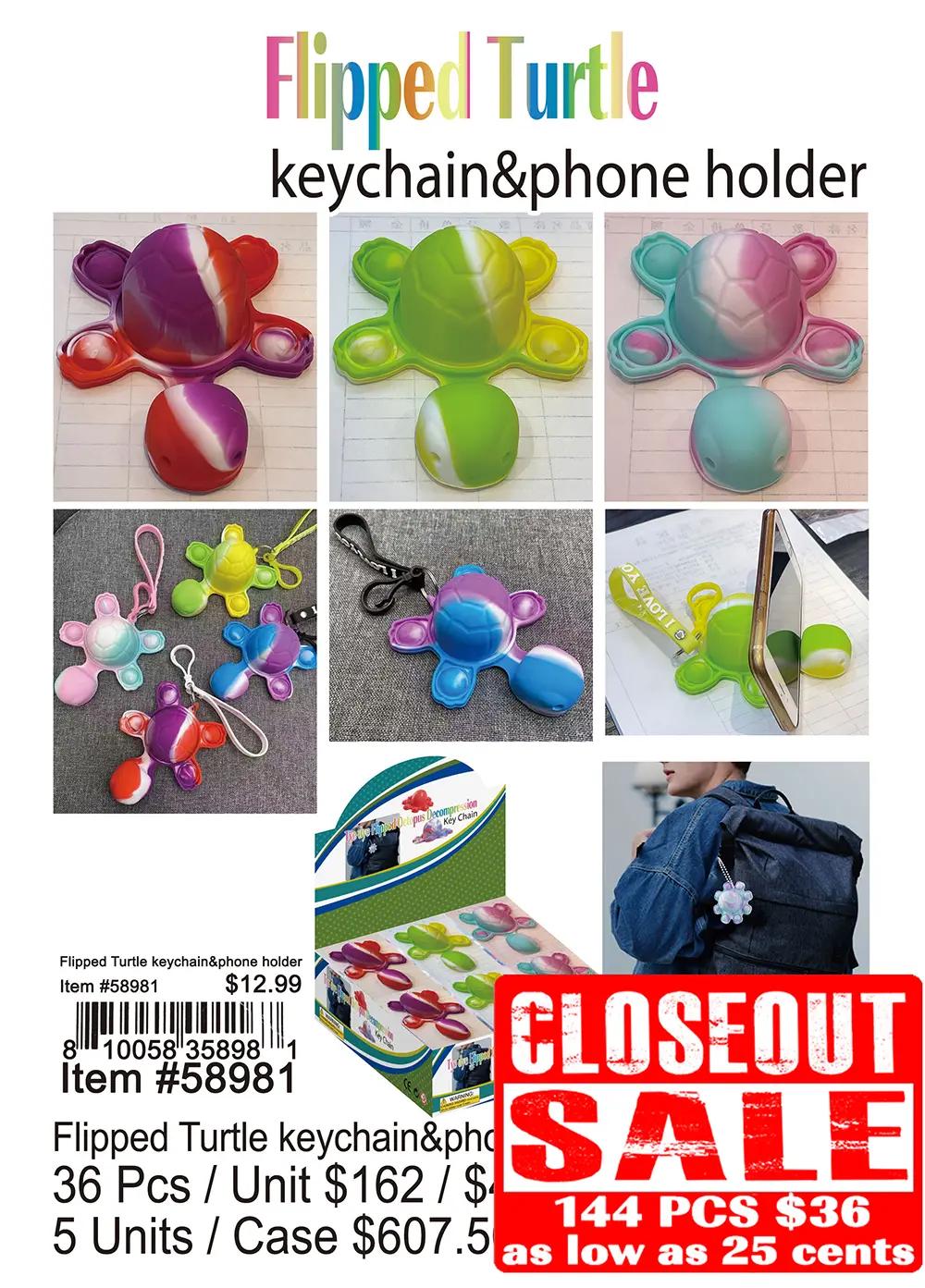 Flipped Turtle Keychain and Phone Holder - Closeout 144 Pcs.